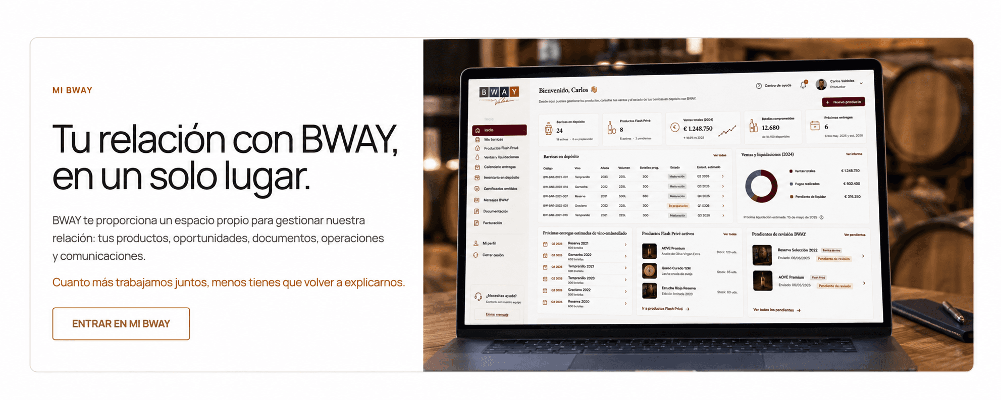 Dashboard de productor BWAY mostrado en un ordenador portátil