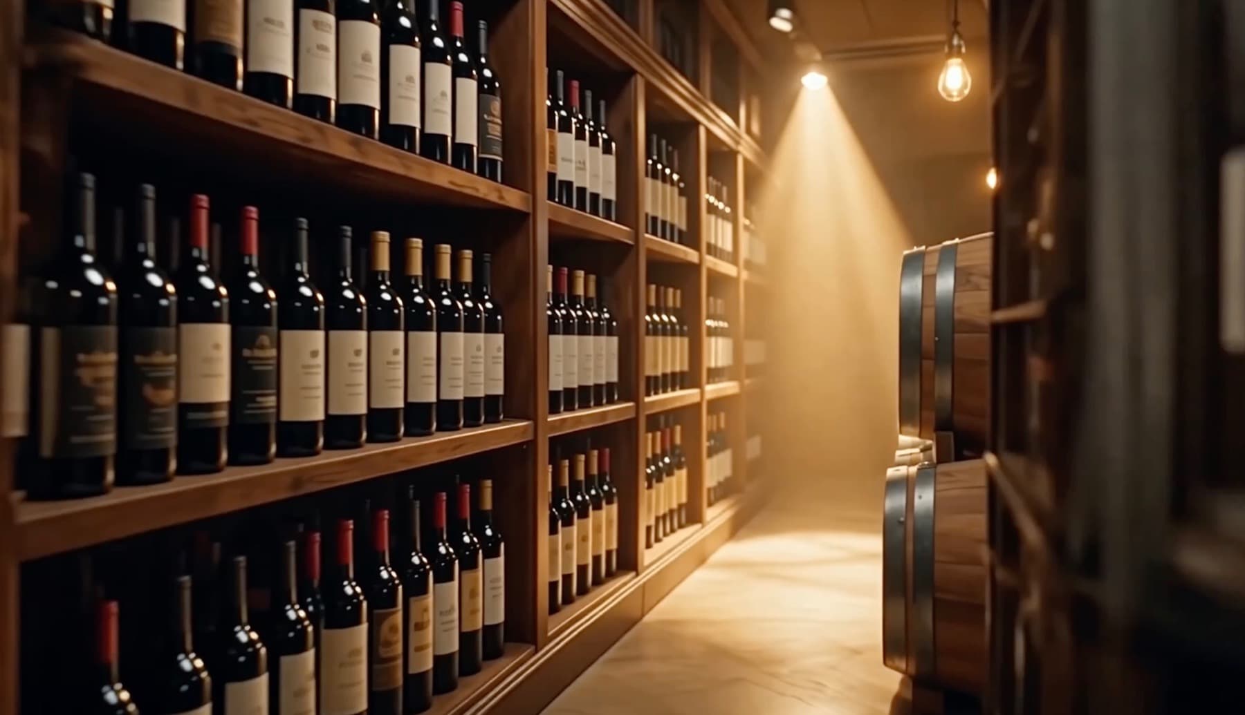 Bodega con botellas, estantes y barricas